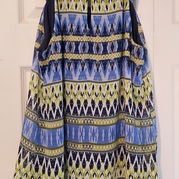 BCX Sleeveless Blouse Boho Western Aztec Design Keyhole Back Size S Blue Yellow - Picture 6 of 12